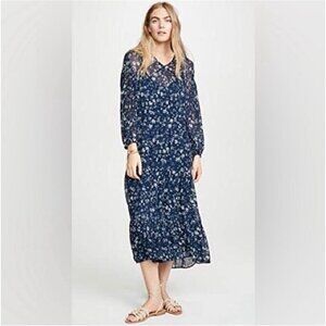 Free People Navy Blue Dress W/ White Floral Pattern & Rear Key Hole Size XSmall